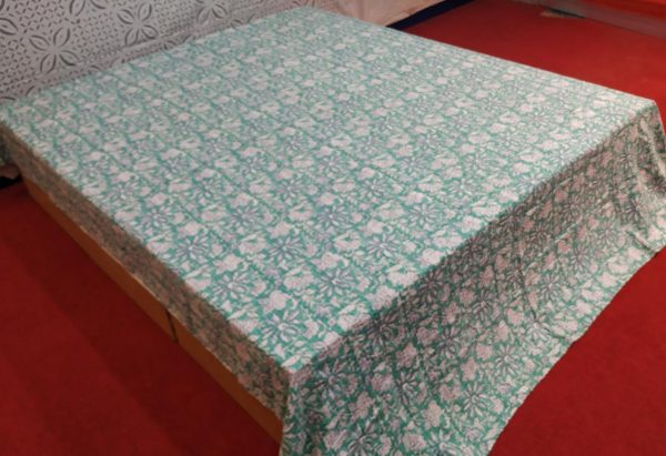 Light Green Floral Block Printed Bed Cover Double Layer Hand Stitched Bed Cover