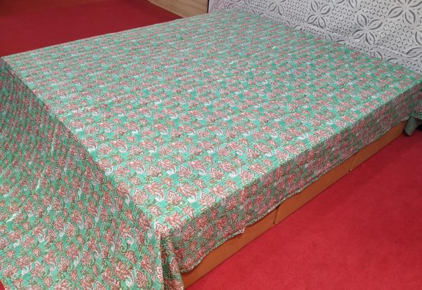 Light Green Floral Block Printed Bed Cover Double Layer Hand Stitched Bed Cover