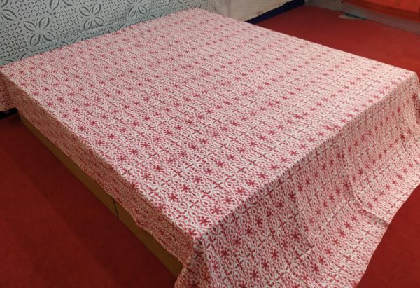 Light Pink Floral Block Printed Bed Cover Double Layer Hand Stitched Bed Cover