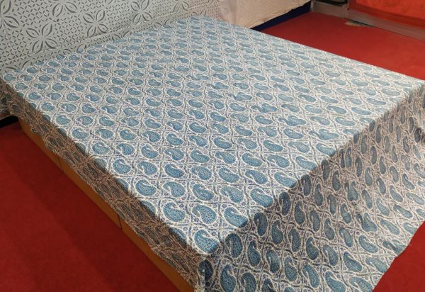 Turquoise Paisley Block Printed Bed Cover Double Layer Hand Stitched Bed Cover