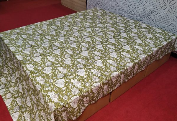 Green Floral Block Printed Bed Cover Double Layer Hand Stitched Bed Cover