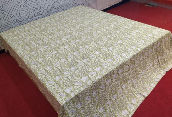 Green Floral Block Printed Bed Cover Double Layer Hand Stitched Bed Cover With Border