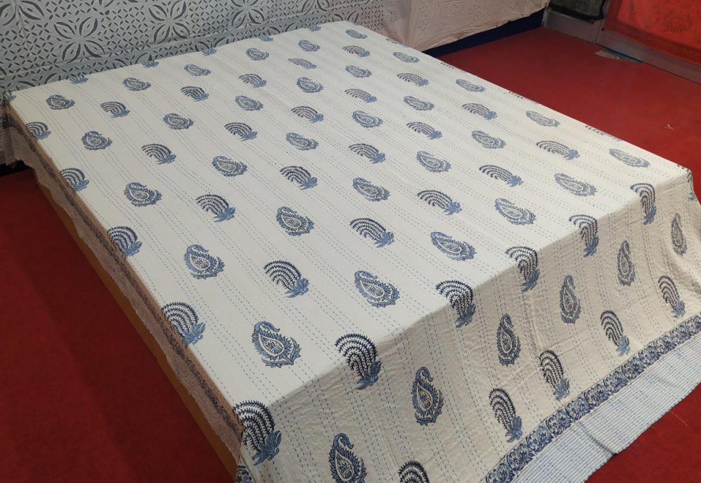 Blue Paisley Block Printed Bed Cover Double Layer Hand Stitched Bed Cover With Border