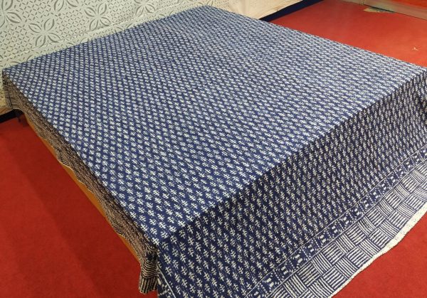 Indigo Block Printed Bed Cover Double Layer Hand Stitched Bed Cover With Border