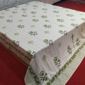 Green Floral Block Printed Bed Cover Double Layer Hand Stitched Bed Cover With Border