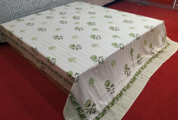 Green Floral Block Printed Bed Cover Double Layer Hand Stitched Bed Cover With Border