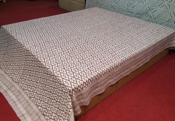 Rust & Zig Zag Block Printed Bed Cover Double Layer Hand Stitched Bed Cover With Border