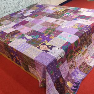 Purple With Multiple color Hand Stitched Old Patchwork Bed Cover