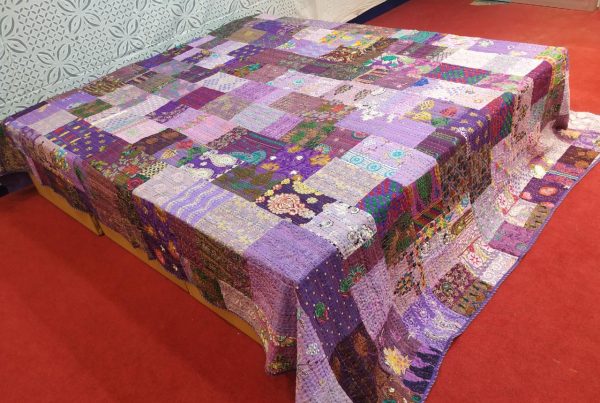 Purple With Multiple color Hand Stitched Old Patchwork Bed Cover