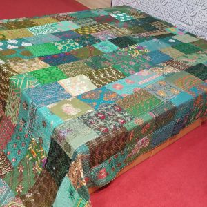 Dark Green With Multiple color Hand Stitched Old Patchwork Bed Cover
