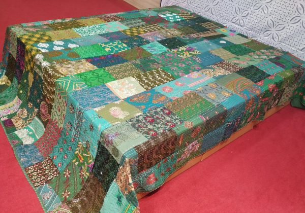 Dark Green With Multiple color Hand Stitched Old Patchwork Bed Cover