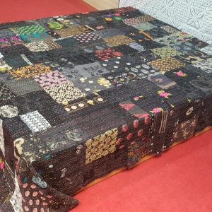 Black With Multiple color Hand Stitched Old Patchwork Bed Cover