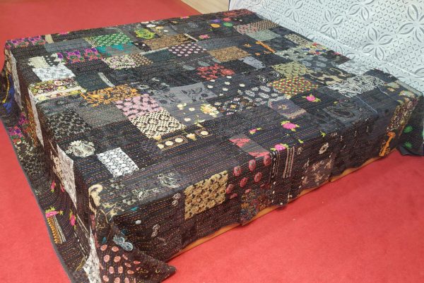 Black With Multiple color Hand Stitched Old Patchwork Bed Cover
