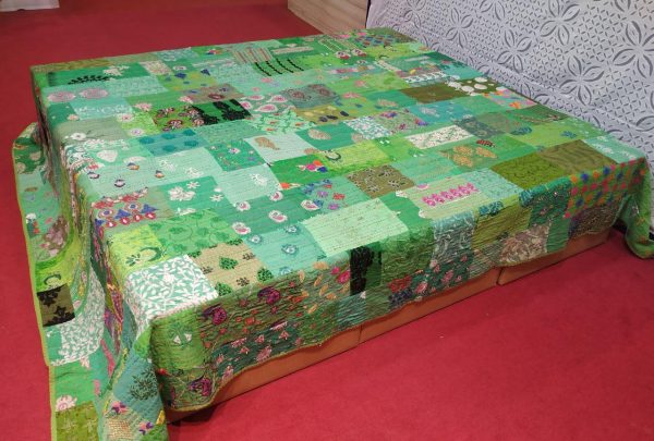 Lemon Green With Multiple color Hand Stitched Old Patchwork Bed Cover