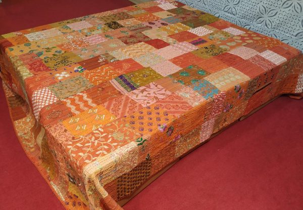 Orange With Multiple color Hand Stitched Old Patchwork Bed Cover
