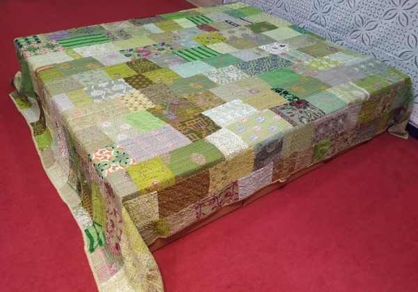 LIght Green With Multiple color Hand Stitched Old Patchwork Bed Cover
