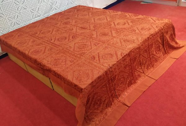 Rust Hand Embroidered Mirror Work Bed Cover With Border