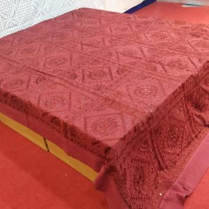 Maroon Hand Embroidered Mirror Work Bed Cover With Border