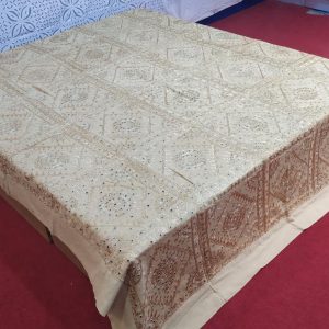 Beige Hand Embroidered Mirror Work Bed Cover With Border
