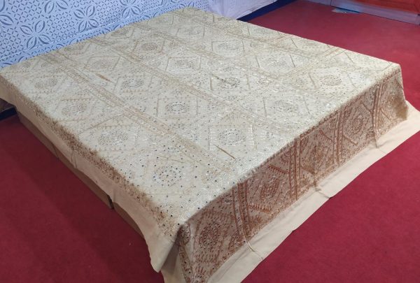 Beige Hand Embroidered Mirror Work Bed Cover With Border