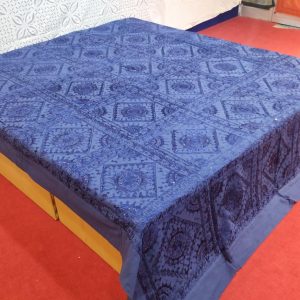 Dark Blue Hand Embroidered Mirror Work Bed Cover With Border
