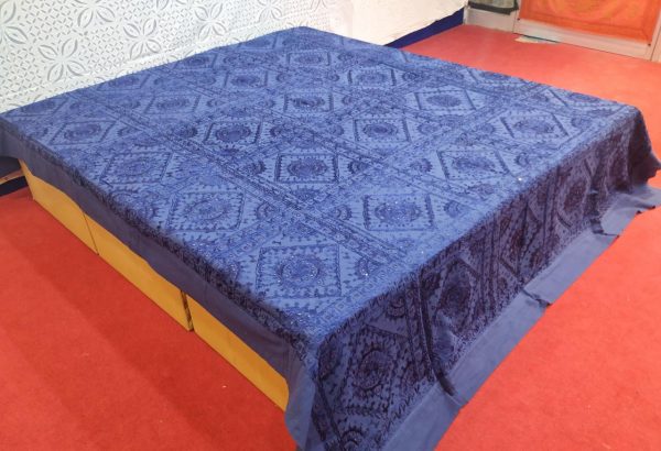 Dark Blue Hand Embroidered Mirror Work Bed Cover With Border