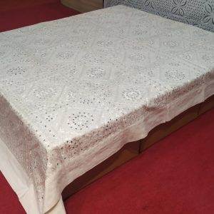 Off White Hand Embroidered Mirror Work Bed Cover With Border