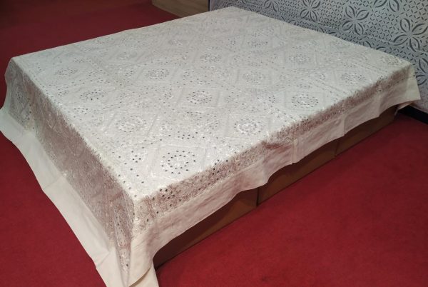 Off White Hand Embroidered Mirror Work Bed Cover With Border