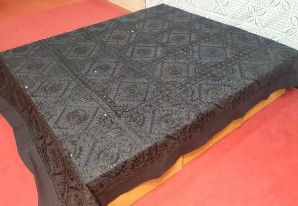 Black Hand Embroidered Mirror Work Bed Cover With Border