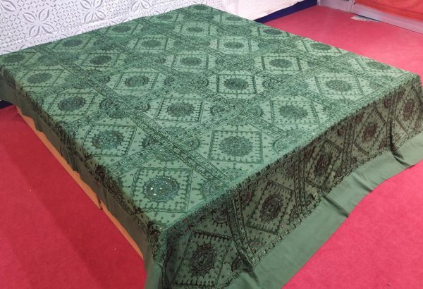 Green Hand Embroidered Mirror Work Bed Cover With Border