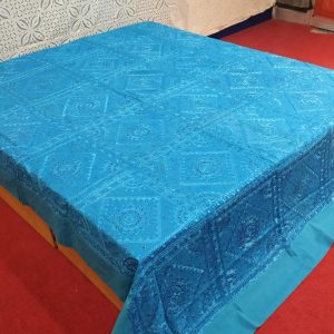 Turquoise Hand Embroidered Mirror Work Bed Cover With Border