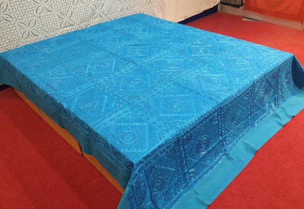 Turquoise Hand Embroidered Mirror Work Bed Cover With Border