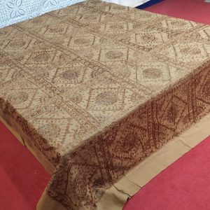 khaki Hand Embroidered Mirror Work Bed Cover With Border