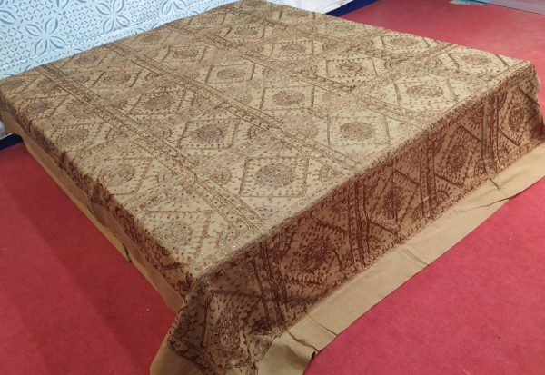 khaki Hand Embroidered Mirror Work Bed Cover With Border