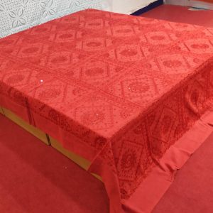 Red Hand Embroidered Mirror Work Bed Cover With Border