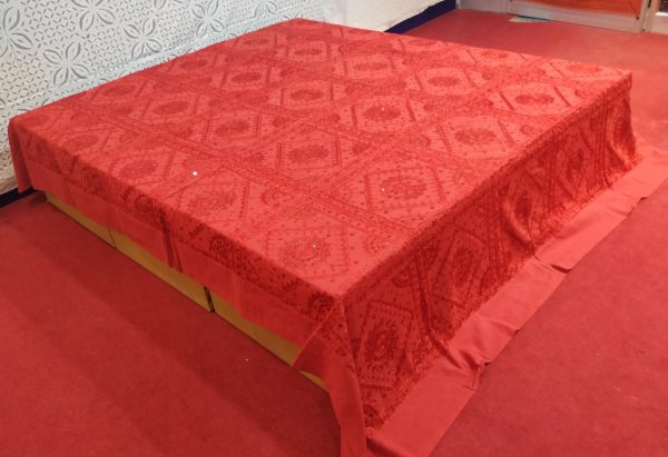 Red Hand Embroidered Mirror Work Bed Cover With Border