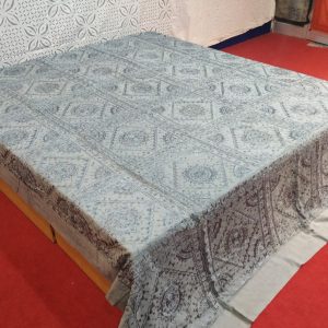 Gray Hand Embroidered Mirror Work Bed Cover With Border