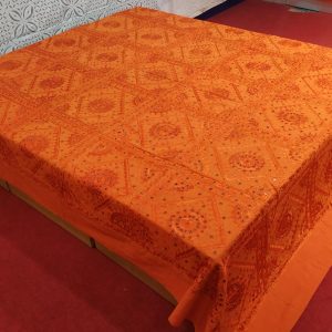 Orange Hand Embroidered Mirror Work Bed Cover With Border
