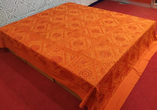 Orange Hand Embroidered Mirror Work Bed Cover With Border