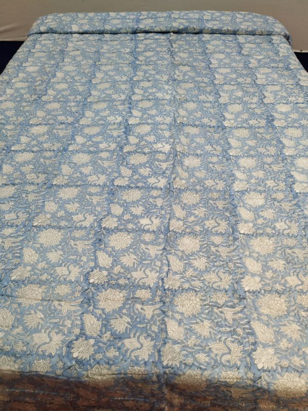 Blue Floral Design Hand Block Printed Reversible Quilt