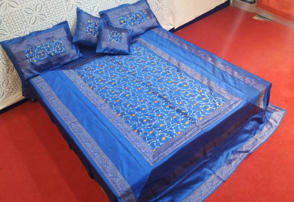 Light Blue Silk Bed Cover With Computerized Embroidered