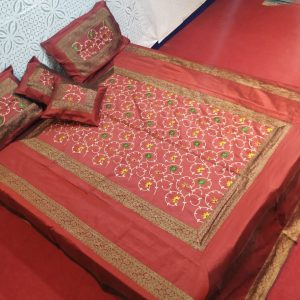 Maroon Silk Bed Cover With Computerized Embroidered