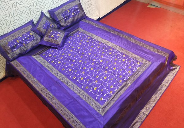 Purple Silk Bed Cover With Computerized Embroidered