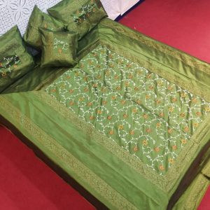 Green Silk Bed Cover With Computerized Embroidered