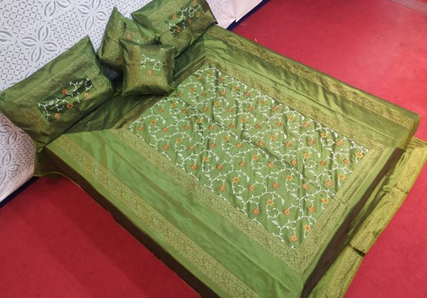 Green Silk Bed Cover With Computerized Embroidered