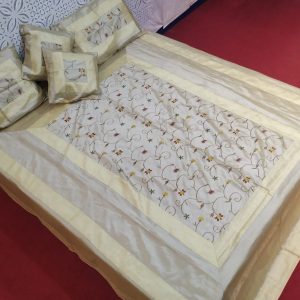Beige Silk Bed Cover With Computerized Embroidered