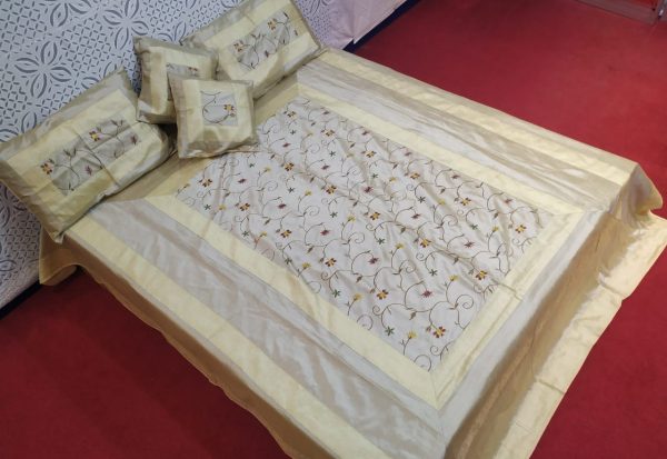 Beige Silk Bed Cover With Computerized Embroidered