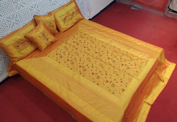 Orange Silk Bed Cover With Computerized Embroidered