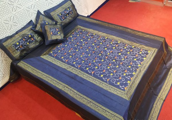 Dark Blue Silk Bed Cover With Computerized Embroidered