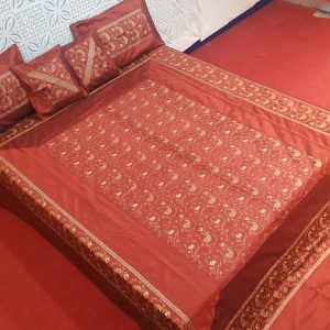 Red Maroon Silk Bed Cover With Full Kashmir Embroidered